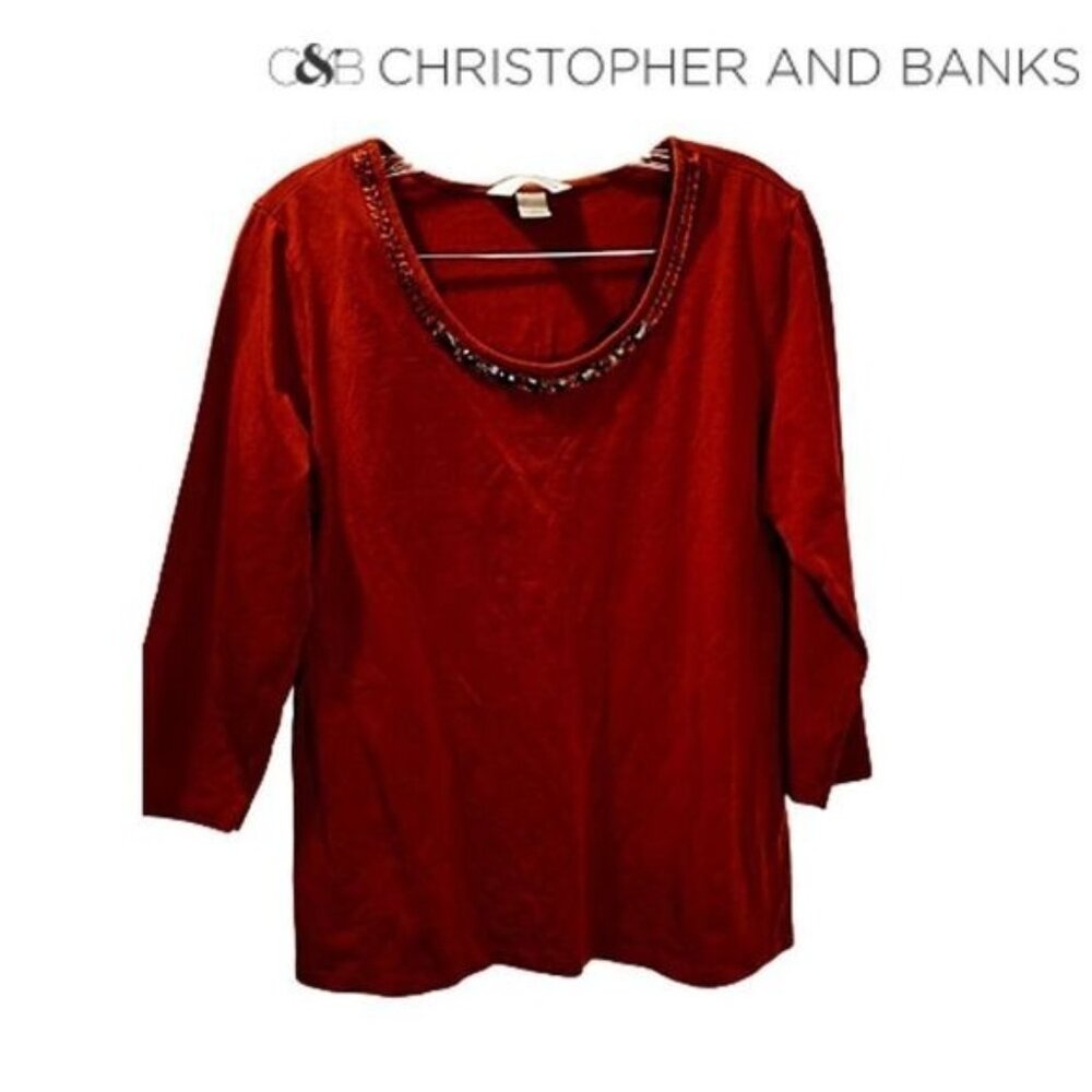 Christopher & Banks Women's 3/4 Sleeve Beaded Scoop neck Loose Tunic‎ Tops